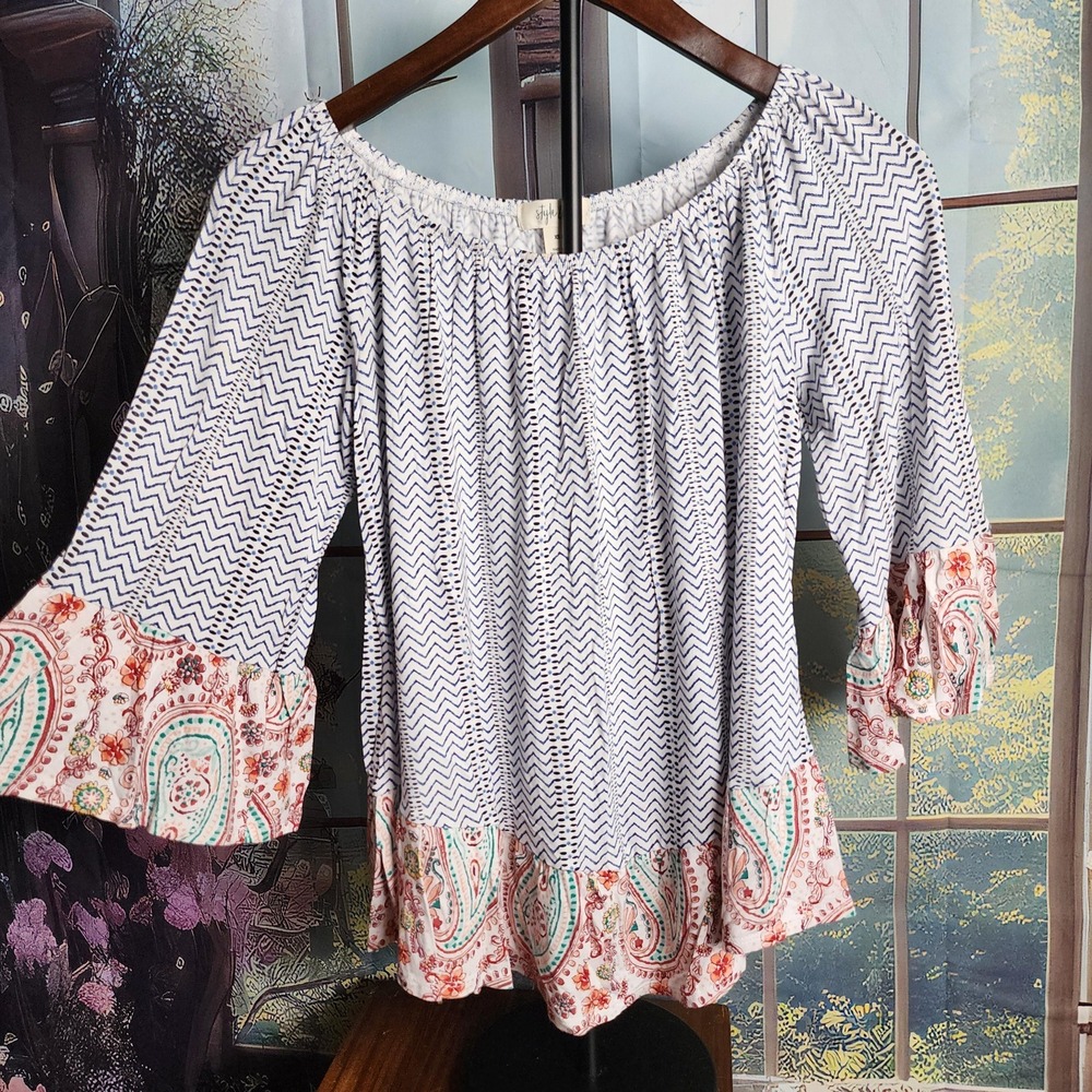 Style & Co Boho Chevron Peasant Top Paisley Trim Blue White Red XS